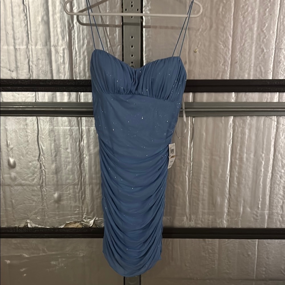 B Darlin Blue Asymmetrical Ruched Mini Dress